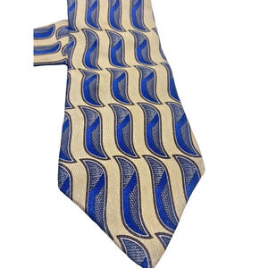 Villa Bugatti Tie All Silk Tan Blue Geometric Pattern Career Professional 3.5"